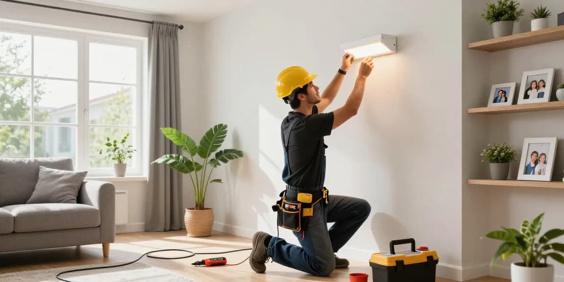 This page highlights a domestic electrician installing modern lighting in a stylish living room, ensuring home safety.