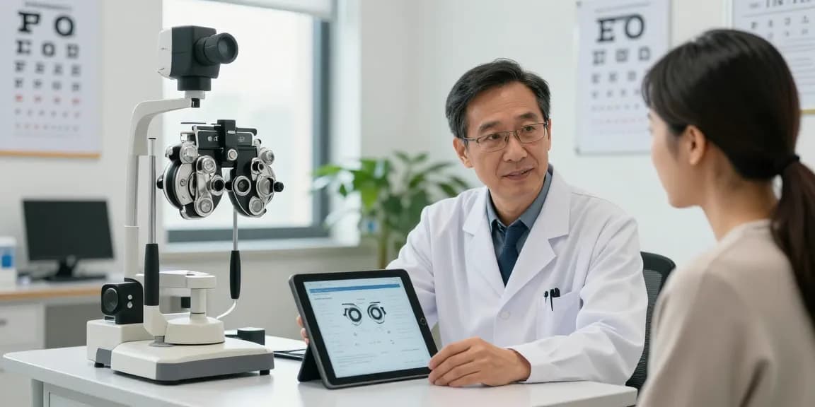 Ophthalmologist Dr. Tong Man Kit consulting with a patient in a bright clinic, emphasizing vision health.