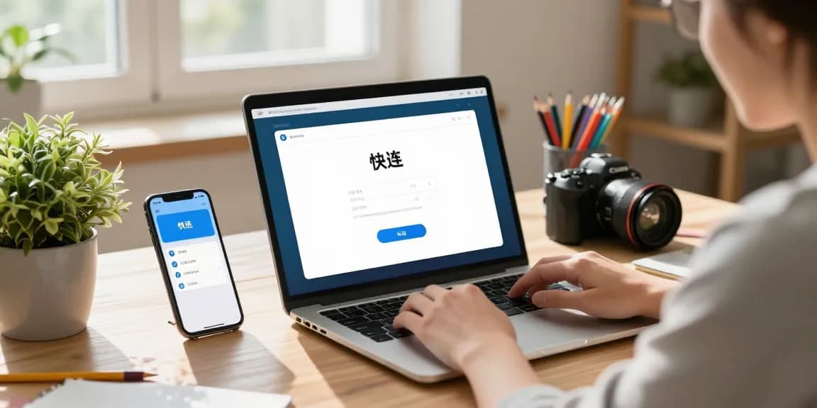 Installing the 快连 application on a laptop in a bright office setting with an inviting atmosphere.