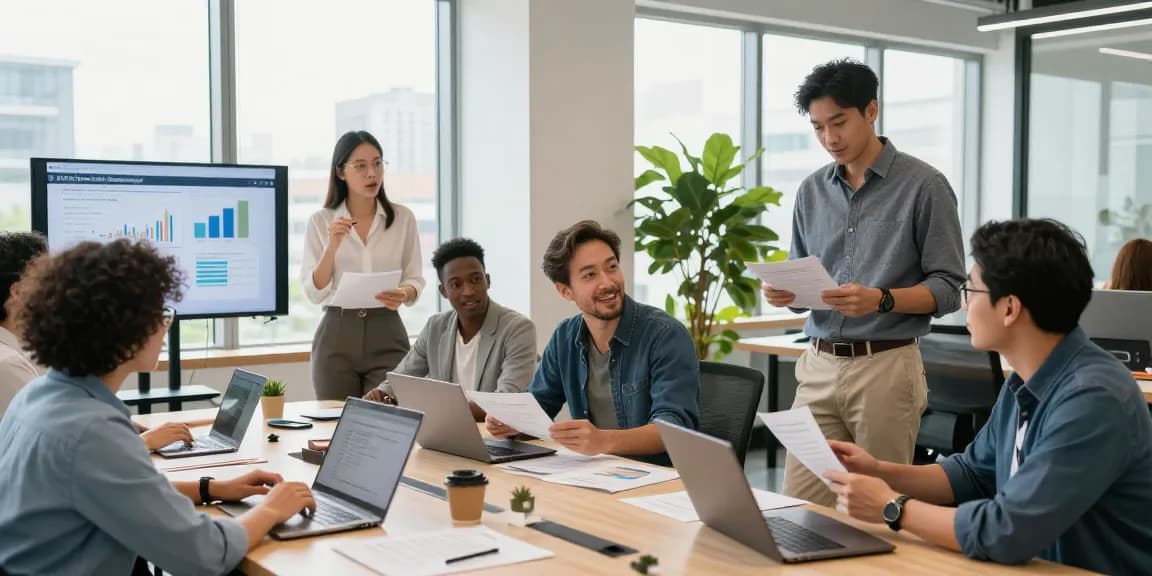 Instant merchant cash advance collaboration in a modern co-working space with entrepreneurs discussing financing options.