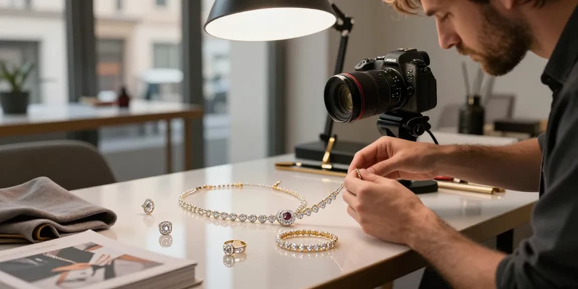 Fotografo gioielli Milano che scatta foto di alta qualità a gioielli preziosi nel suo studio moderno.