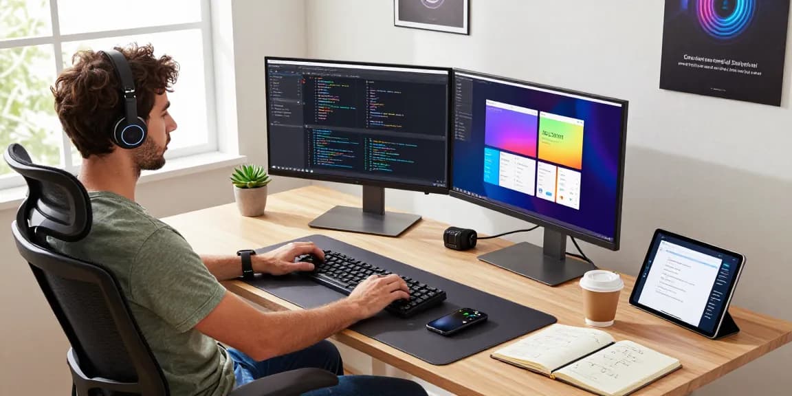 Software developer working at raja328 workspace with dual monitors, laptop, and modern tech setup in bright office.