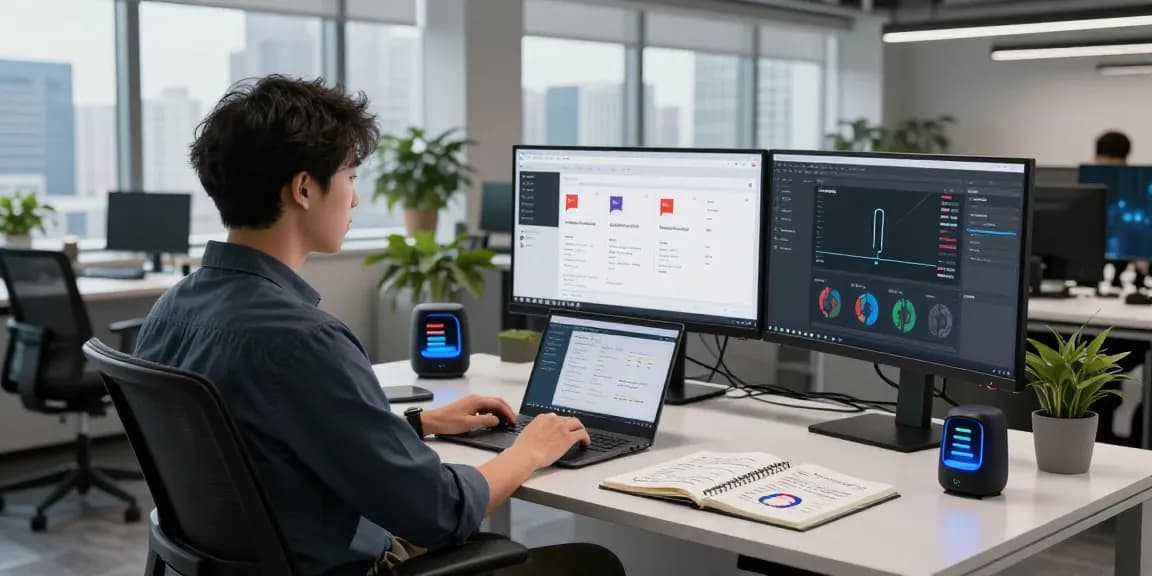 AI image detector in action at a modern tech workspace, showcasing analysis and moderation statistics.