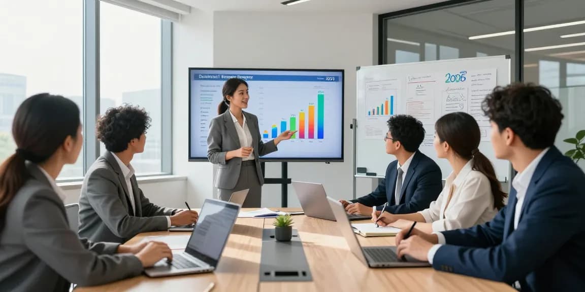 Team collaborating on business energy rates analysis in a modern office setting, showcasing professional teamwork and engagement.