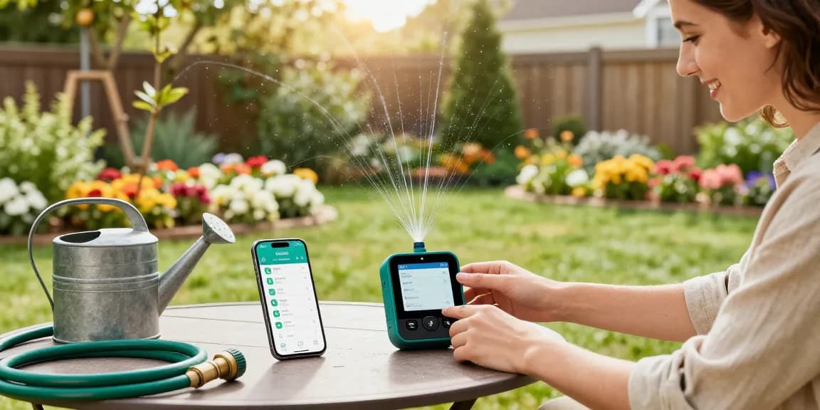 Homeowner setting up RainPoint WiFi water timer for efficient gardening, surrounded by vibrant flower beds and young trees.