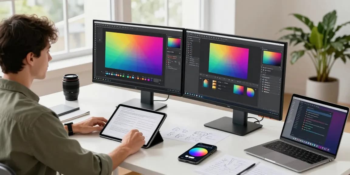 Innovative workspace showcasing Snipaste官网 in action, featuring dual monitors and annotations.