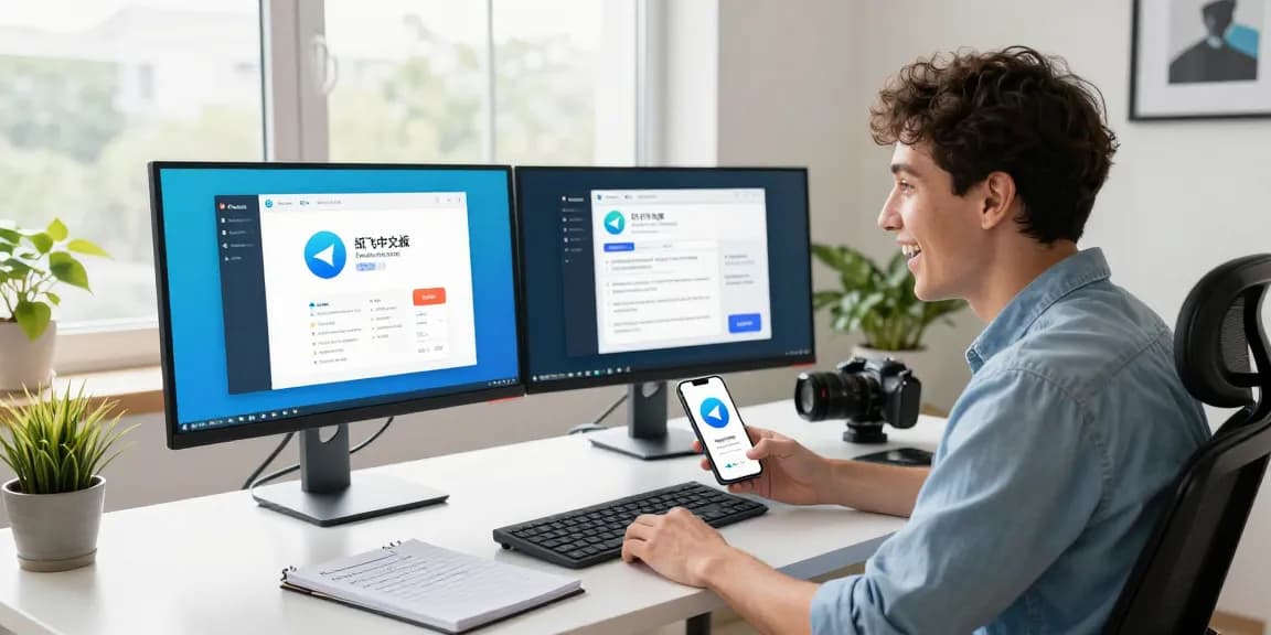 Engaged young professional using 纸飞机中文版 app at a modern tech workspace, dual monitors showcasing Telegram features.