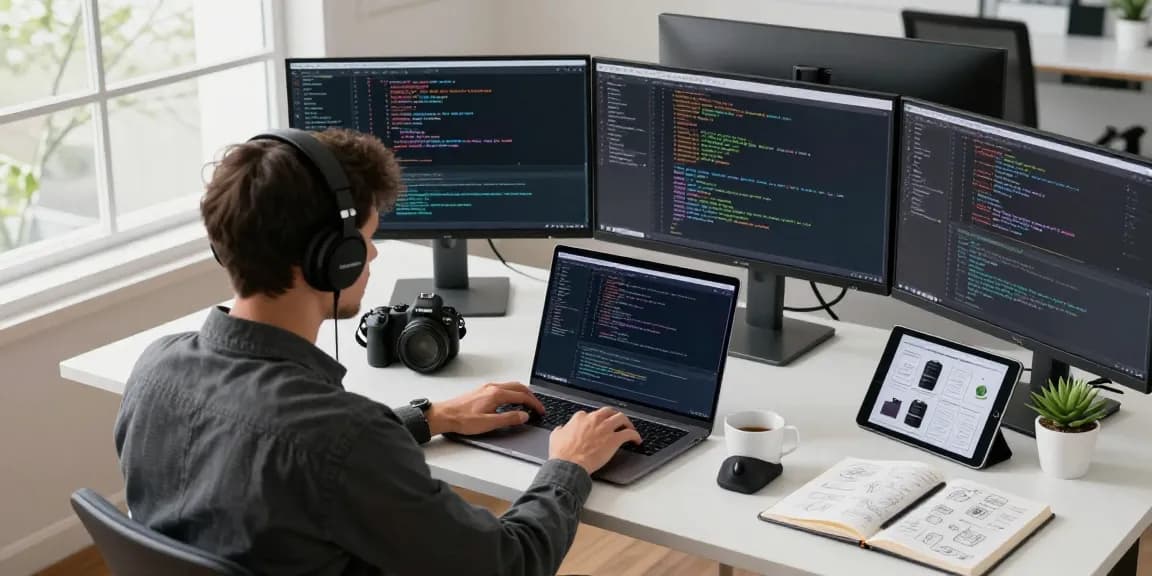 Engaging workspace with developer coding software applications at teiegramin.com, featuring modern tech elements.