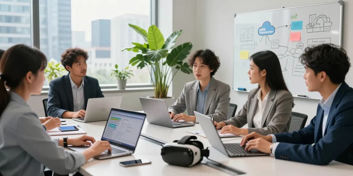 Collaborative professionals discussing מרכזייה בענן solutions in a modern office setting
