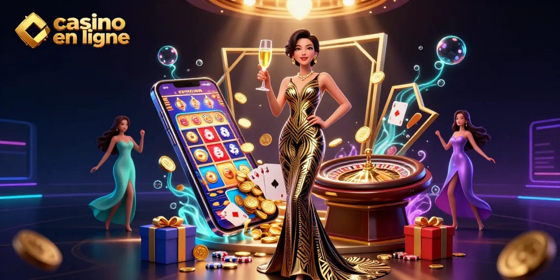 Découvrez le casino en ligne avec une atmosphère sophistiquée mettant en scène une femme élégante au milieu d'éléments de jeu dynamiques.