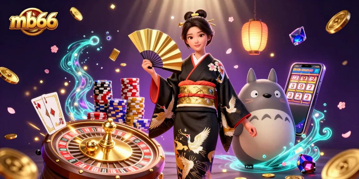 Win big with mb66 in an exciting 3D casino illustration showcasing vibrant games and characters.