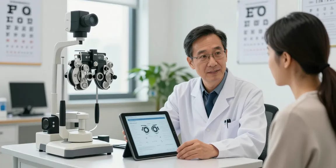 Ophthalmologist Dr. Tong Man Kit consulting with a patient in a bright clinic, emphasizing vision health.