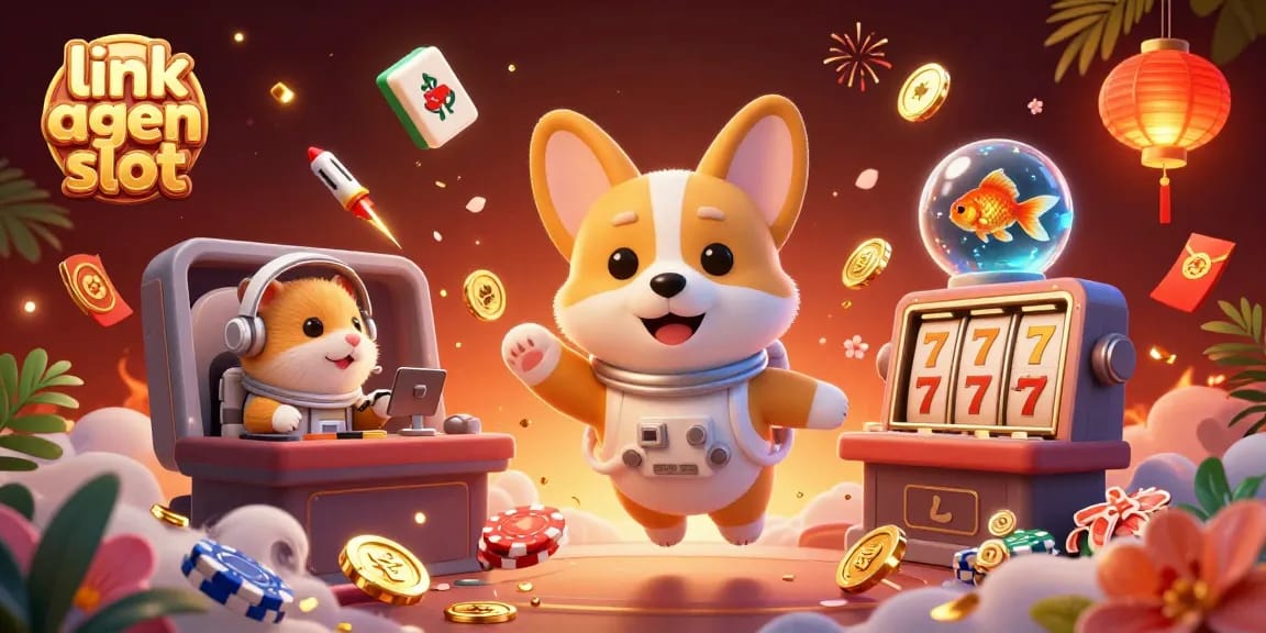Engage with the fun and excitement of link agen slot while enjoying a vibrant scene filled with floating casino elements.