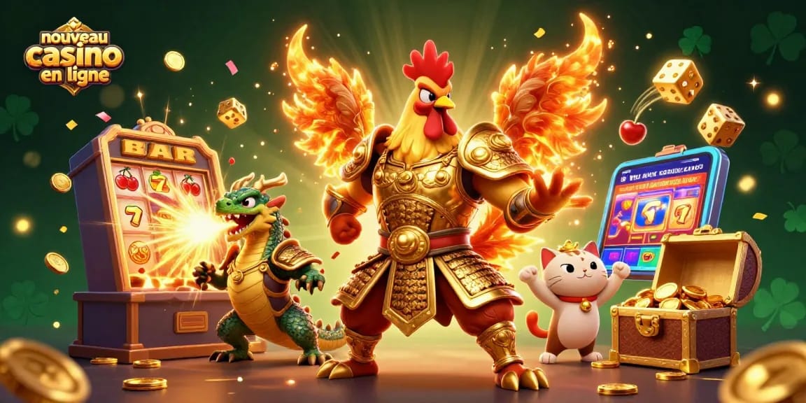 Une illustration de casino en ligne, mettant en avant le nouveau casino en ligne avec un guerrier coq et un dragon, entourés de machines à sous et de pièces d'or.