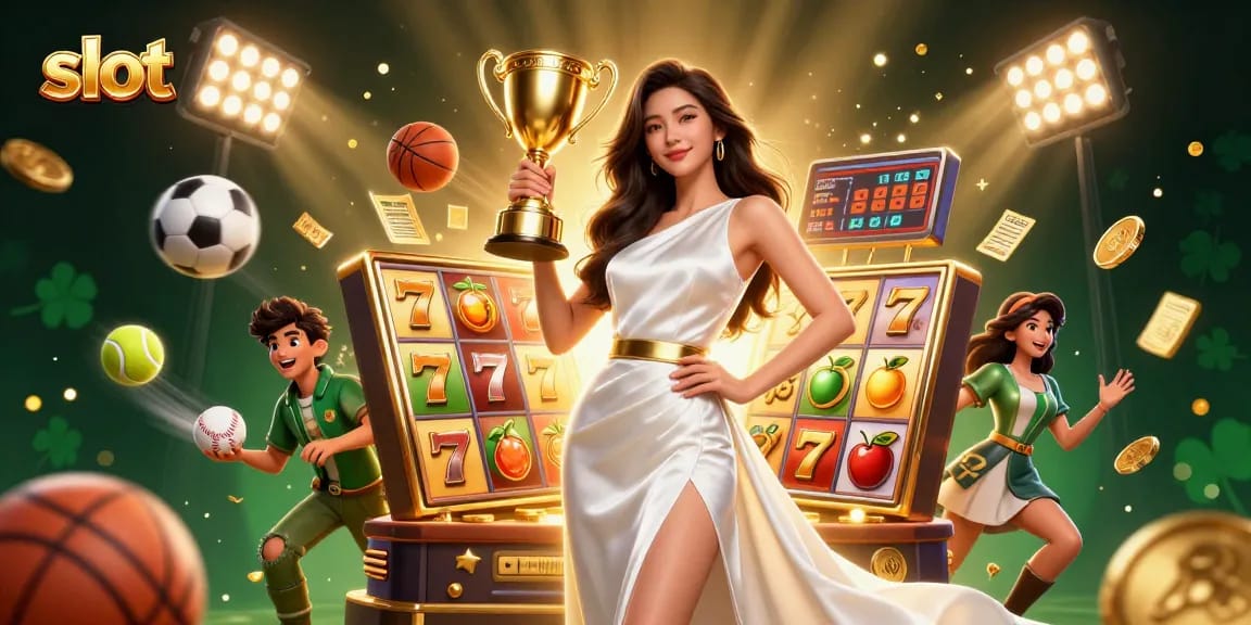 A stunning Asian woman celebrating a big win in slot games with a golden trophy cup.