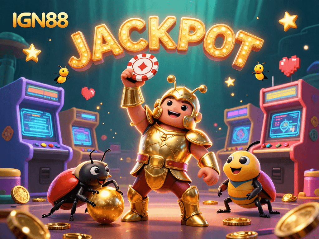 Win big at IGN88 with a vibrant 3D illustration of a gladiator beetle and gaming elements