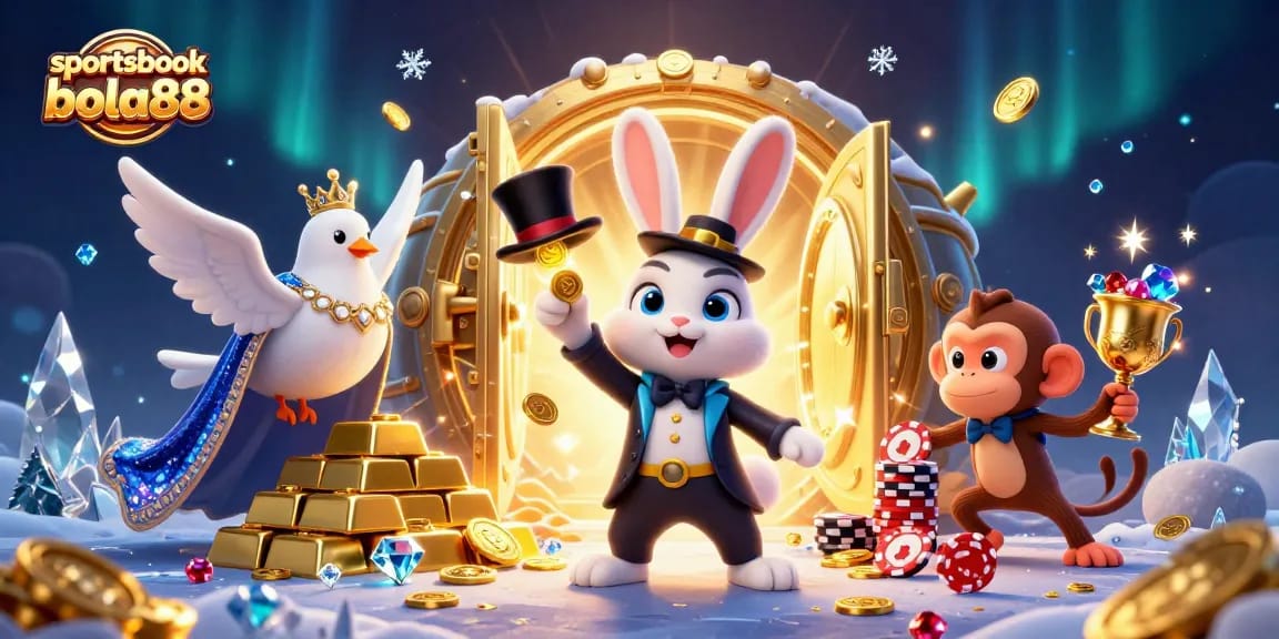 Experience thrilling excitement with sportsbook bola88 featuring a magician rabbit, dove, and monkey amidst dazzling casino elements.