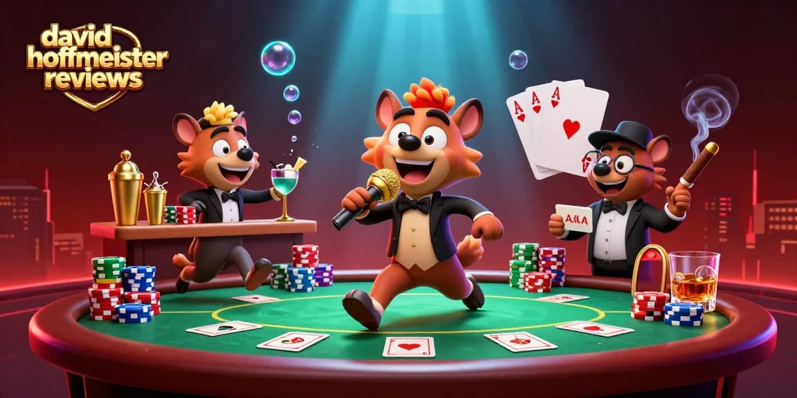 Engage with the comedic atmosphere of 'david hoffmeister reviews' at this lively casino scene full of poker action.
