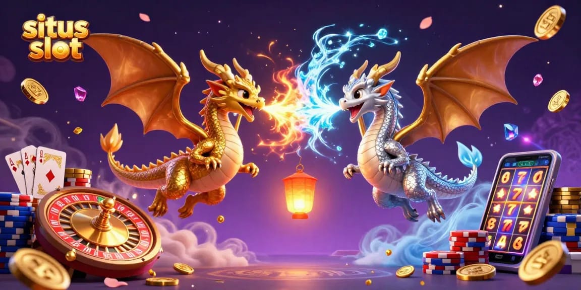 Experience thrilling situs slot action with golden dragons amidst dazzling casino elements.