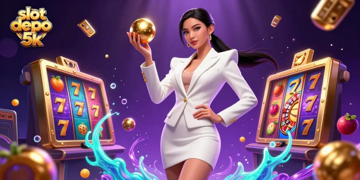 Experience slot depo 5k gaming with vibrant slot reels and dynamic casino elements in this vivid illustration.
