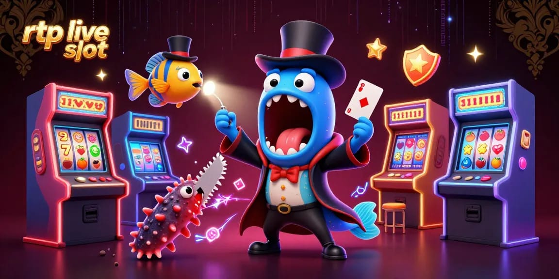 Experience rtp live slot magic with vibrant 3D casino characters performing tricks amidst gaming elements.