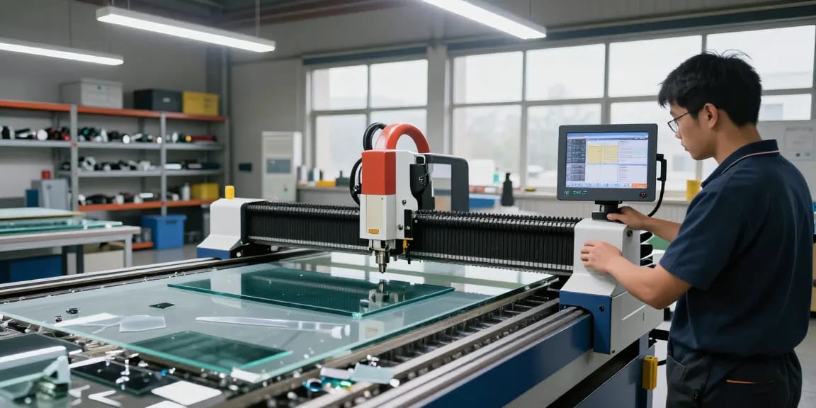 CNC glass cutting machine actively shaping glass sheets in a professional workshop setting.