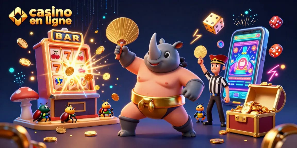Vibrez au casino en ligne avec un rhinocéros scarabée champion et un écran de jeux colorés.