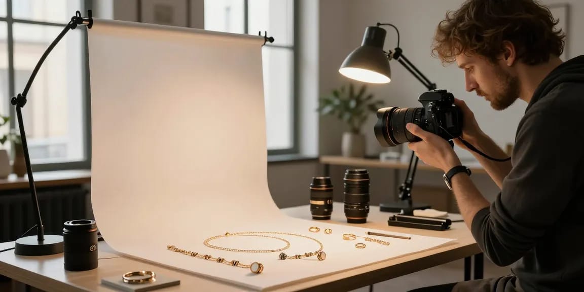 Photographe de bijoux à Milan capturant des créations en studio, mettant en valeur les détails des bijoux.