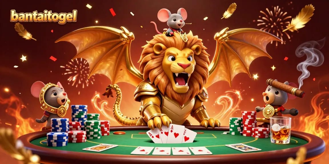 Bantaitogel showcases a triumphant chimera above a lavish poker setup with festive confetti.