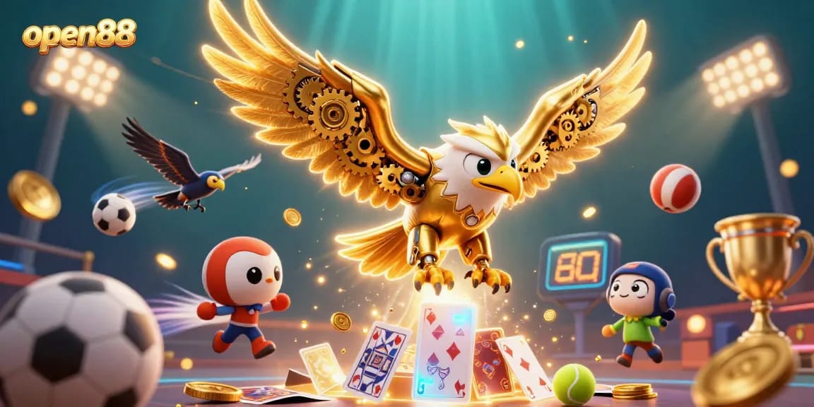 Experience thrilling gameplay at open88 with a golden eagle diving through holographic cards.