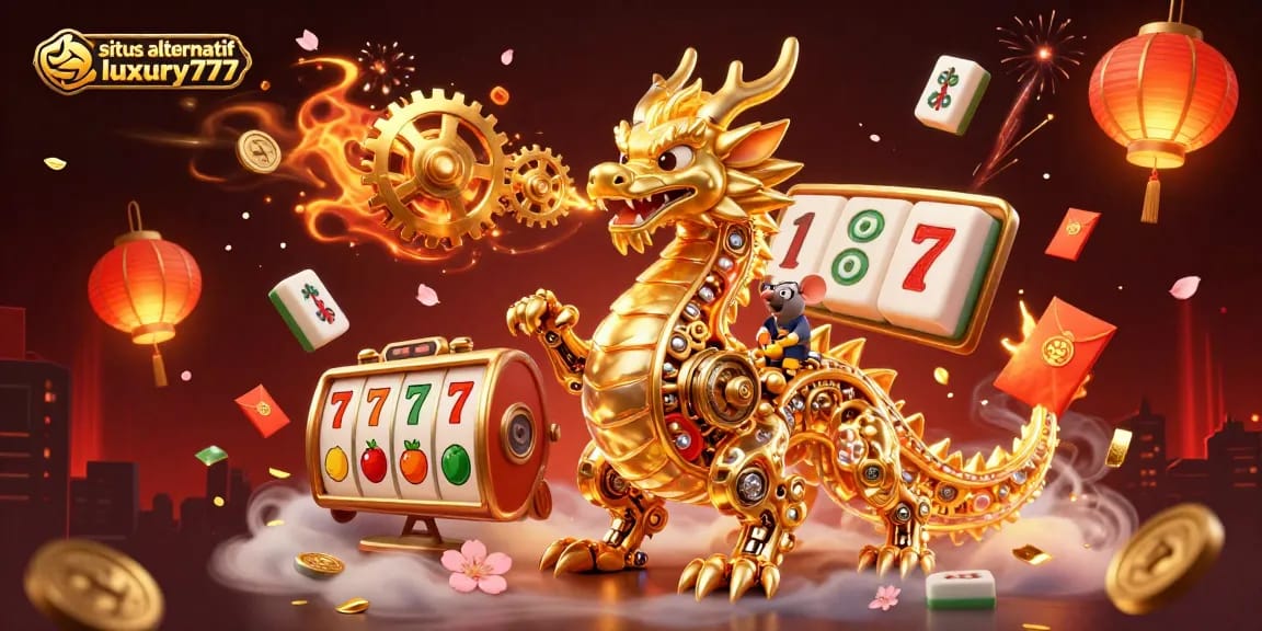 Situs alternatif luxury777 showcases a golden dragon surrounded by vibrant casino-themed elements, perfect for gamblers.