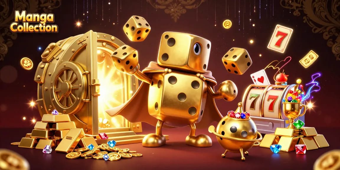 Manga Collection showcases a dynamic 3D casino scene featuring a golden dice golem and slot elements creating winning opportunities.