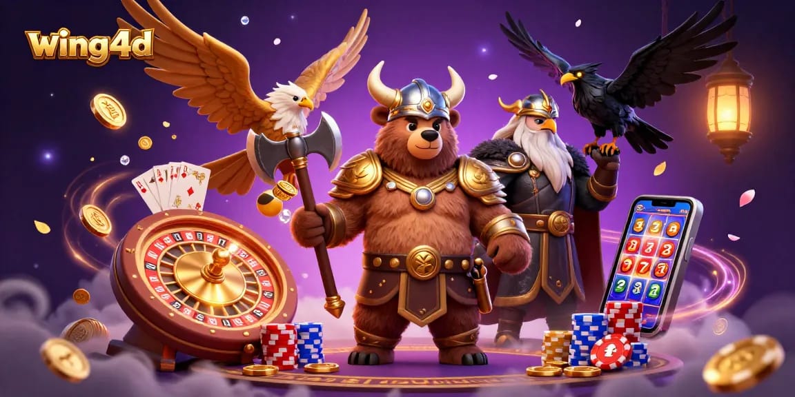 Win big with wing4d in a vibrant casino scene featuring golden coins and dynamic gaming elements.