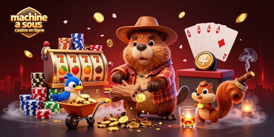 Machine à sous casino en ligne, illustration dynamique avec un castor, un oiseau et un écureuil, représentant le jeu excitant.