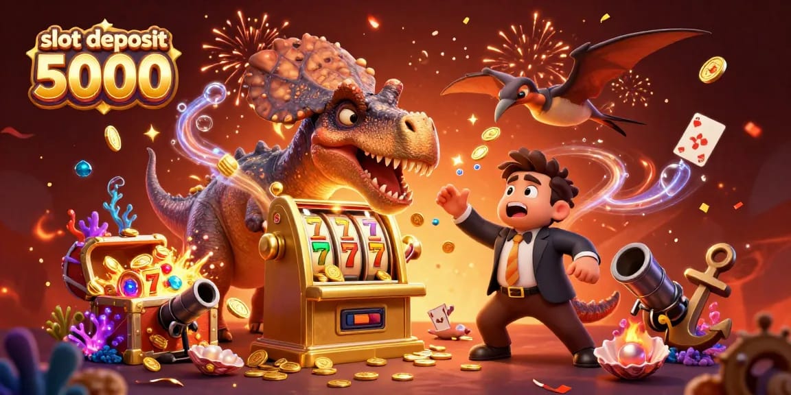 Menang besar dengan slot deposit 5000, ilustrasi karakter dinasaurus di kasino mendapatkan jackpot.
