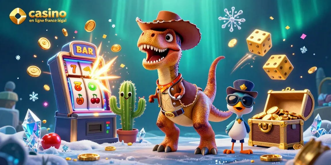 Jouer sur un casino en ligne légal en France avec des personnages de jeu vibrants au milieu de machines à sous.