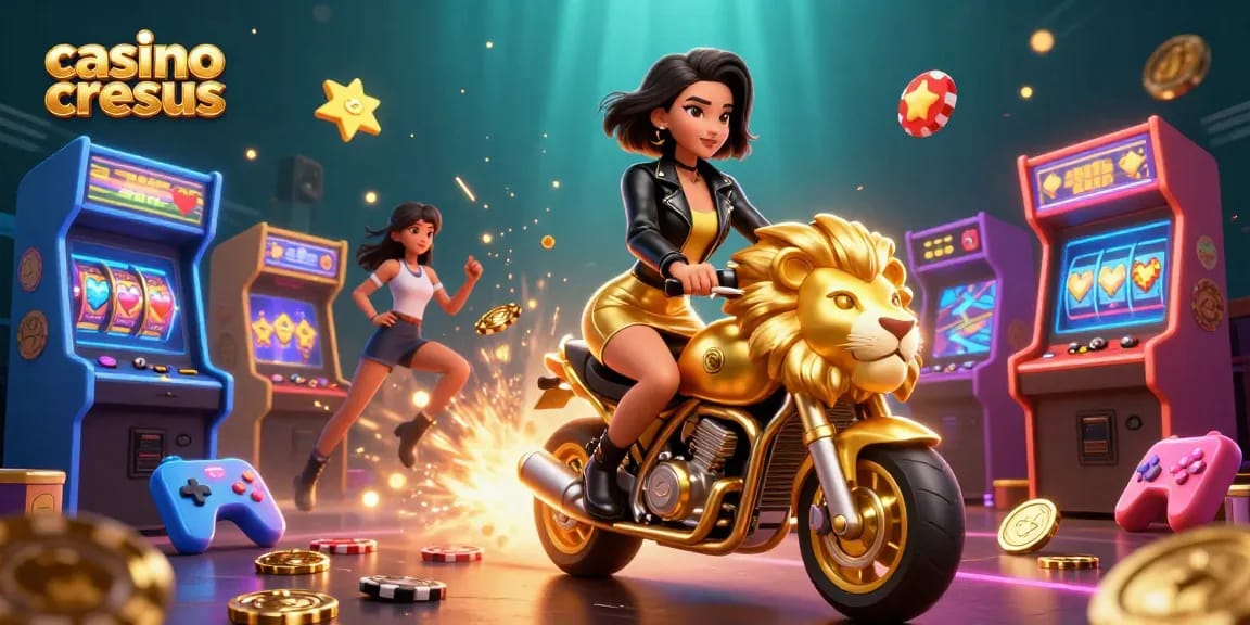 Jouez aux machines à sous au casino cresus en chevauchant une mascotte de lion doré à travers une scène de jeu vibrante.