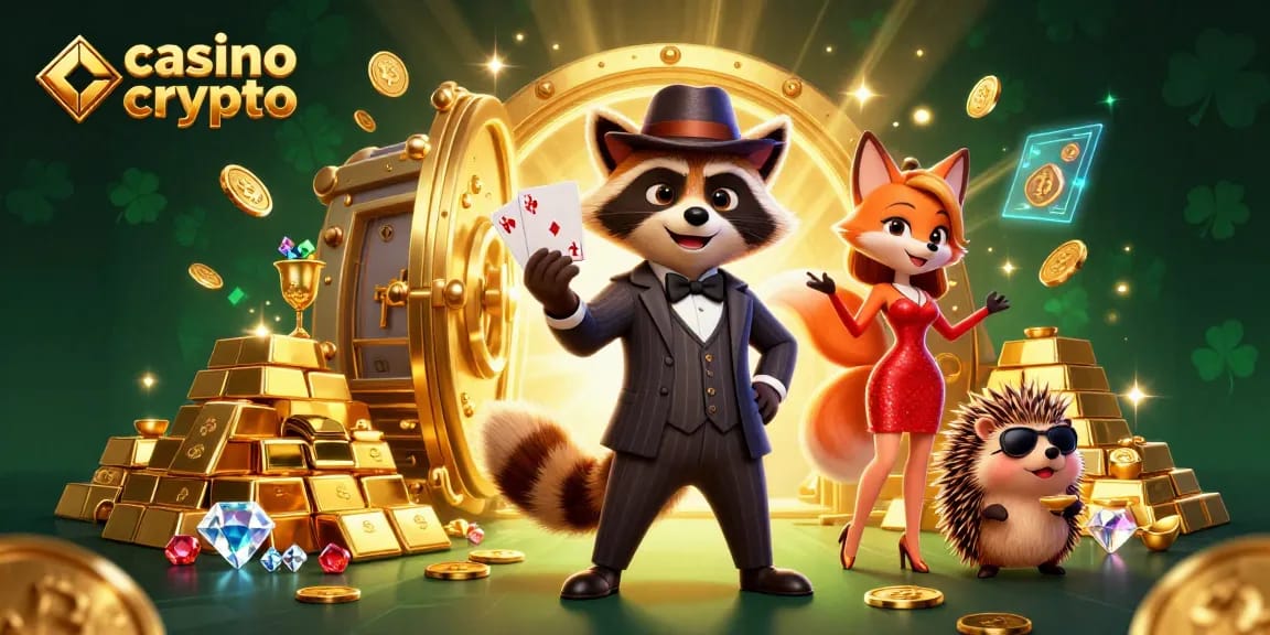 Gioca nei casino crypto: un signore procione elegante e una volpe affascinante tra tesori luccicanti.