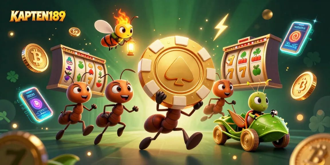 KAPTEN189 memperlihatkan karakter 3D seperti semut yang melakukan pencurian chip poker emas di tengah elemen slot dan koin kripto.