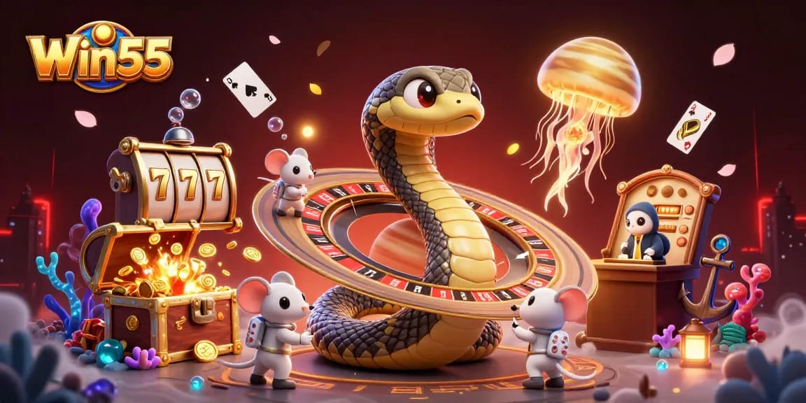 Win55 showcases a vibrant 3D casino scene with unique gaming elements and engaging characters.