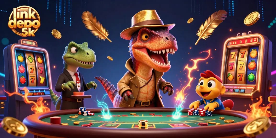 Experience the excitement of link depo 5k with a fun 3D cartoon illustration in a casino setting.