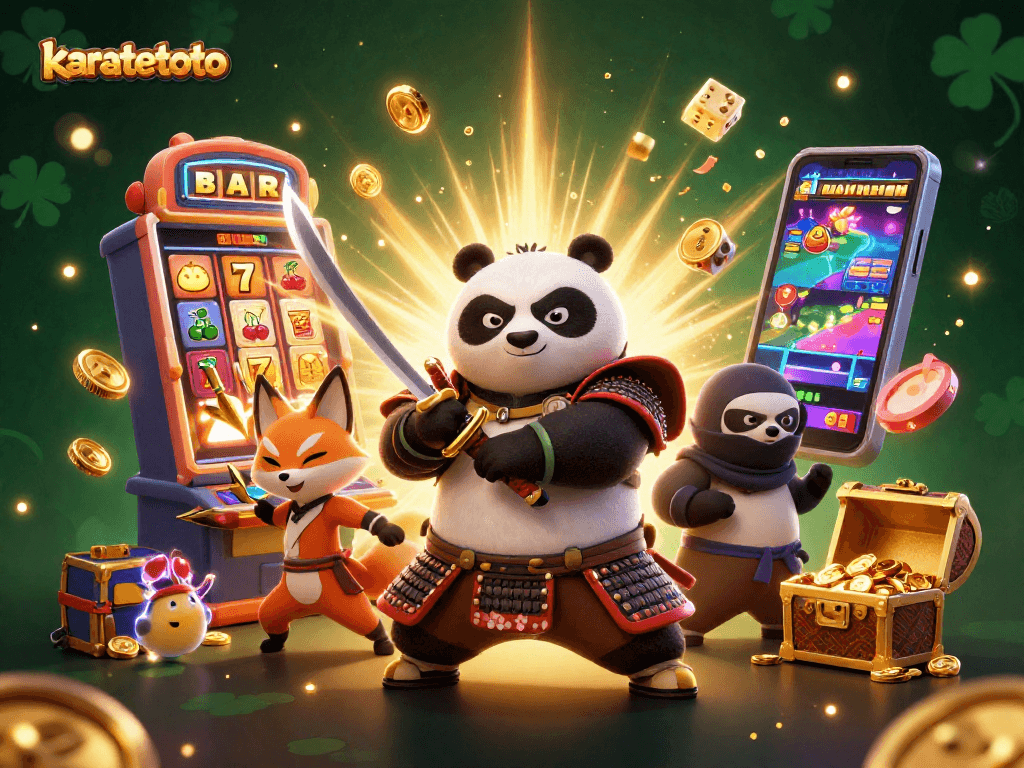 Karatetoto menyajikan panda samurai menghadapi jackpot dengan slot dan koin melimpah yang bersinar.