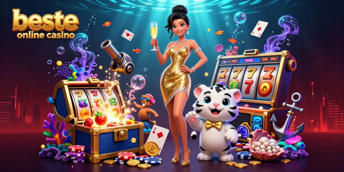 Engage with the beste online casino scene featuring a glamorous woman, lucky tiger cub, and vibrant slot game elements.
