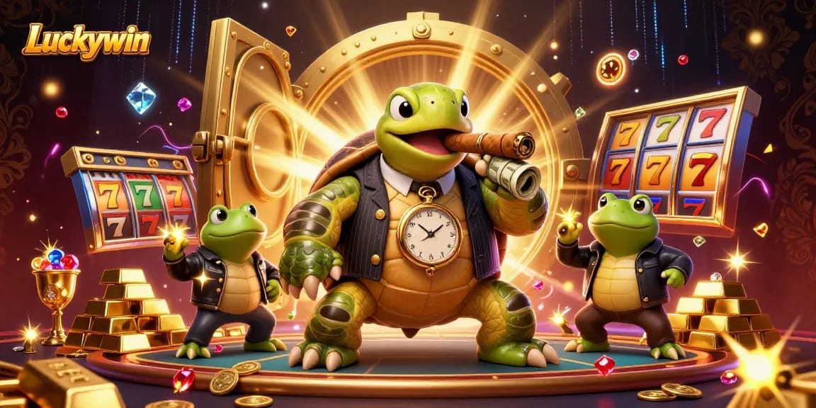 Luckywin presents an energetic casino scene with a snapping turtle in a mobster suit surrounded by gems and jackpots.
