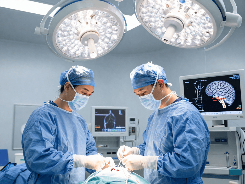 Brain tumor surgery in progress, showcasing advanced medical techniques and professional surgical team performing beyin tümörü ameliyatı.