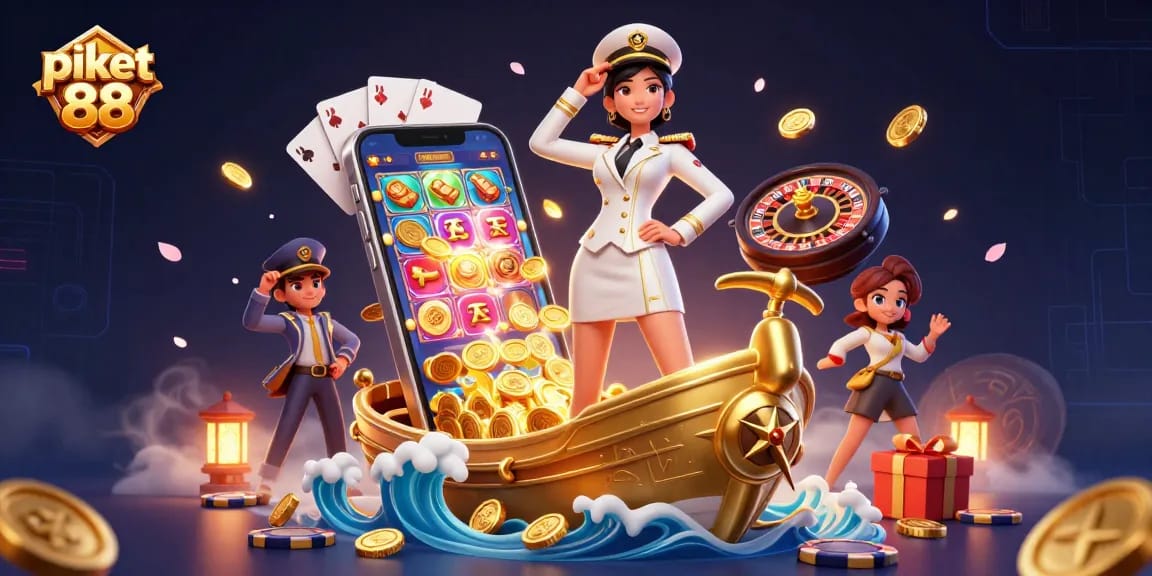 Piket 88 presents an energetic gambling scene with slot games and vibrant gold coins erupting around a commanding figure.
