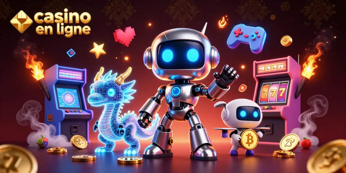 Scène engageante de casino en ligne avec une mascotte robot 3D et des éléments de jeu colorés.