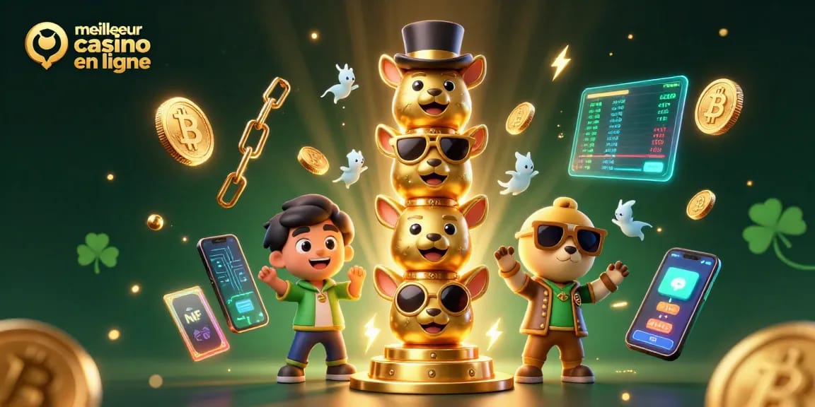 Visualisez le meilleur casino en ligne avec un totem héros aux multiples visages, entouré de pièces de crypto et d'effets lumineux magiques.