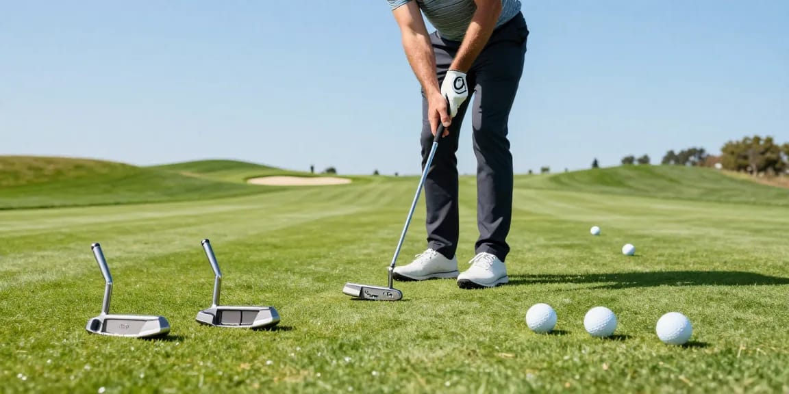 Ulasan putter terbaru di https://puttperfection.com/putter-reviews dengan golfer menggunakan putter premium di lapangan golf.