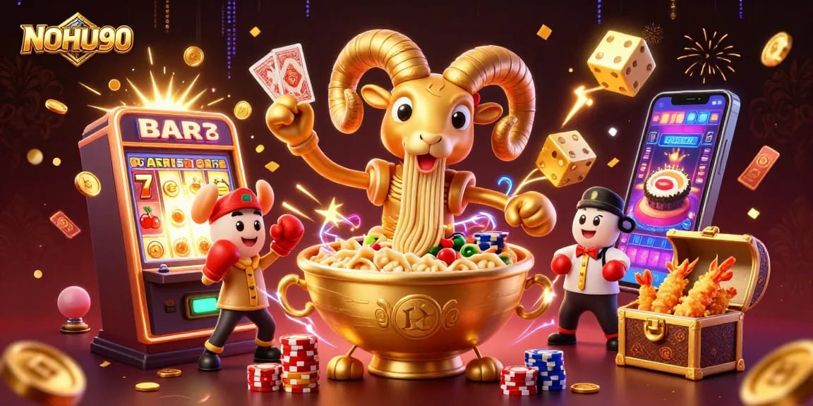Engage with NOHU90's thrilling jackpot scene featuring a golden ramen bowl and dynamic casino elements.